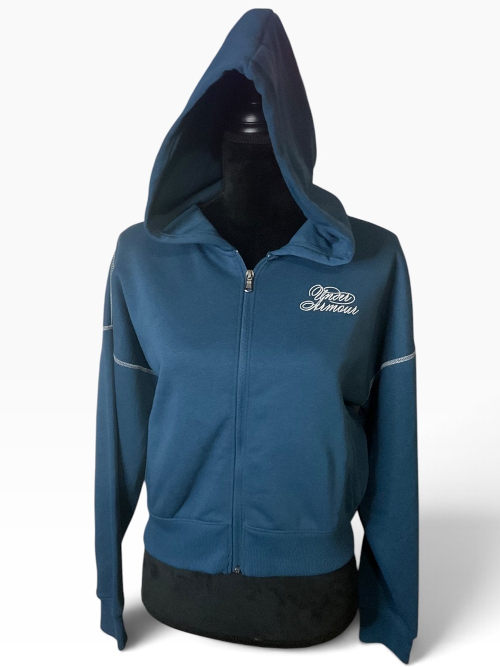 Under Armour Rival Script Teal Hooded Cropped Zip-Up Jacket Medium